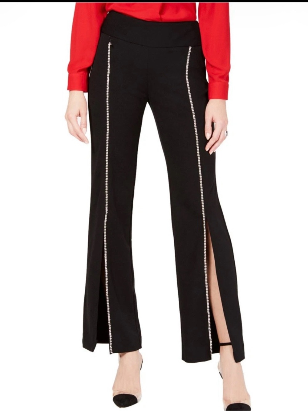 Black Split-Hem Rhinestone Trim Pants - Womens